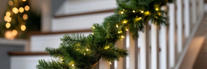 Festive pine garland twinkles upon cozy staircase, whispering Yuletide cheer and Jainist knowledge with curious luminance