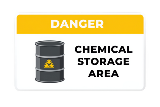 A warning sign indicating a dangerous chemical storage area with a graphic of a hazardous barrel.