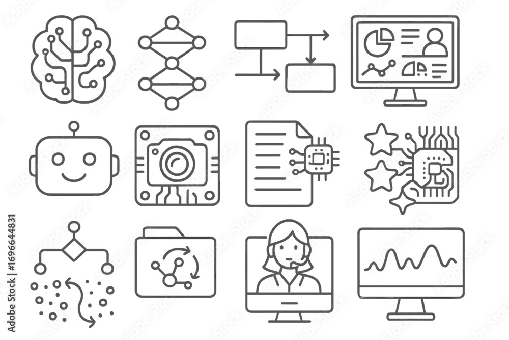 Poster artificial intelligence, machine learning outline icon set. neural network, data, algorithm, ai line