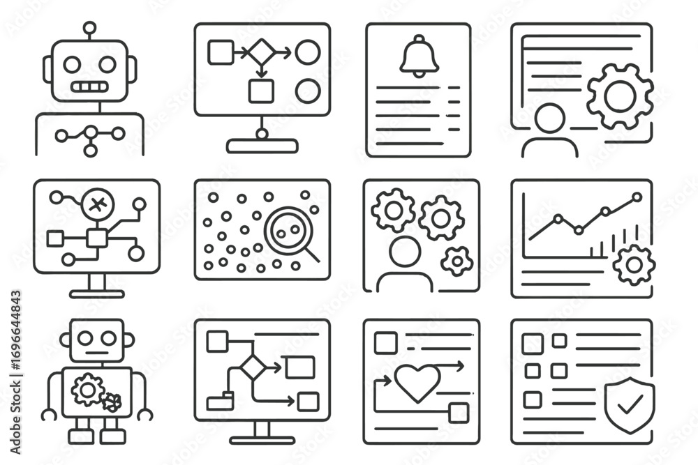 Poster technology and automation line icon set. robotics, data, ai, analysis icons collection