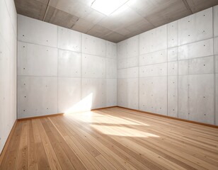 An empty room with light-gray concrete walls and a light-brown wooden floor, bathed in natural sunlight.