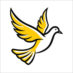Obraz premium Stylized drawing of a dove in flight, with yellow wings and tail feathers, outlined in black on a white background.