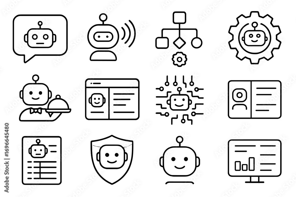Fototapete chatbot and robotics line icon set. artificial intelligence and tech icons collection