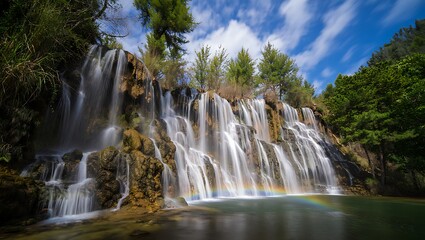 Fototapeta premium Beautiful Waterfall Landscape with Rainbow in Tranquil Setting Outdoors