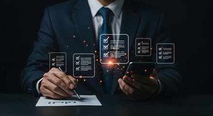 Businessperson managing tasks and data on a smartphone with digital checklist overlays