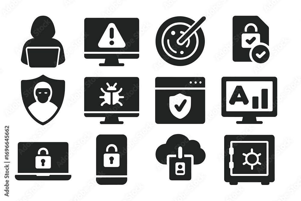 Poster security, privacy solid icon set. cyber protection, data encryption icons solid collection