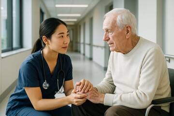 Compassionate nurse holding hands with elderly man in hospital hallway, expressing care and support in a healthcare setting with soft natural light. Ai generative