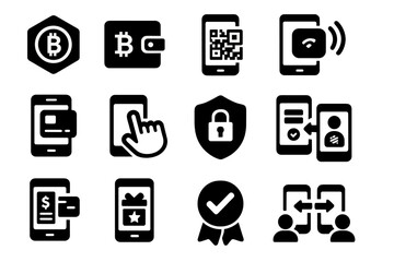 Cryptocurrency transactions solid icon set. bitcoin, wallet, security, payment, qr, mobile