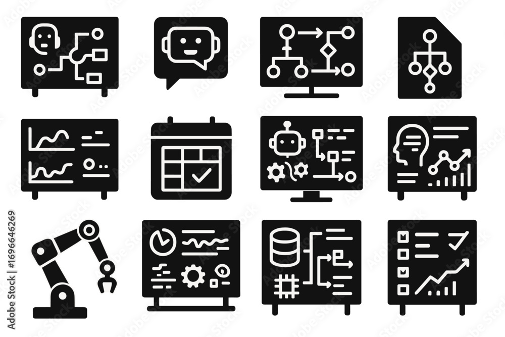 Poster artificial intelligence solid icon set. ai technology, automation, machine learning symbols