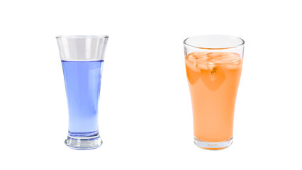 Vibrant blue and orange iced beverages in clear glasses isolated on a transparent background.