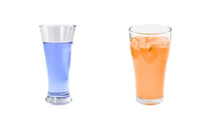 Vibrant blue and orange iced beverages in clear glasses isolated on a transparent background.