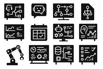 Artificial intelligence solid icon set. ai technology, automation, machine learning symbols