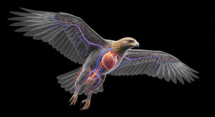 Eagle in flight with visible circulatory system illustration.