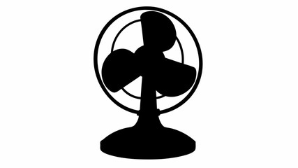 Silhouette of a vintage electric fan with three blades and a round base against a white background view