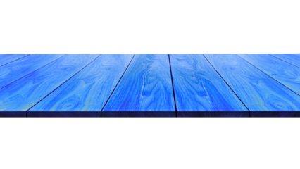 Empty blue wooden table top isolated on a transparent background for product display montage.