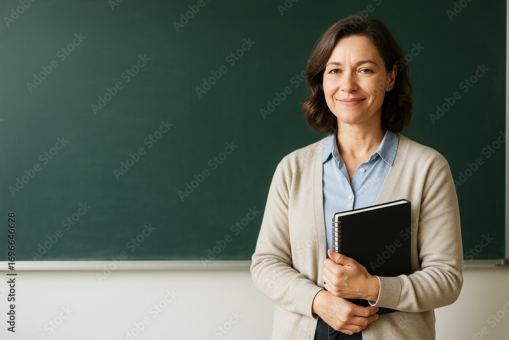 Poster confident female teacher standing in classroom with notebook, smiling at camera, green chalkboard ba