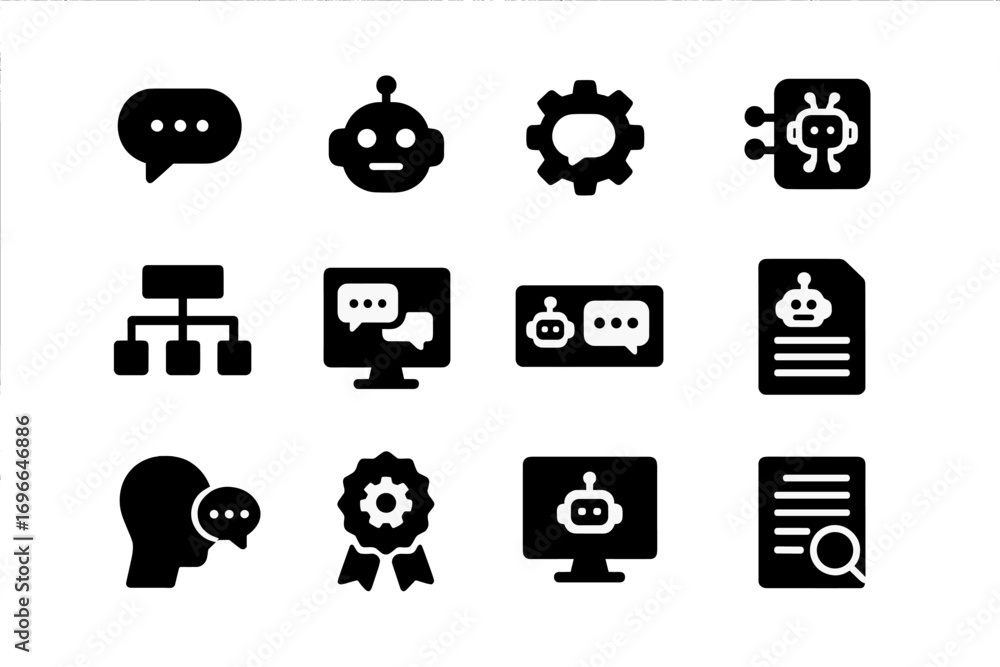 Poster artificial intelligence solid icon set: chatbot, network, computer symbols collection
