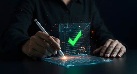 Digital Document Approval with Checkmark on Futuristic Interface