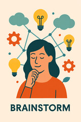 Creative brainstorm session concept with a thoughtful person surrounded by interconnected lightbulbs and cloud-like thoughts, representing the flow of new ideas