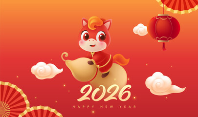 Horizontal Spring Festival illustration design cartoon horse riding a yellow gourd