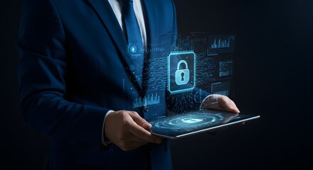 Digital Security and Data Protection Concept: Businessman Holding Tablet with Holographic Lock and Data Visualizations