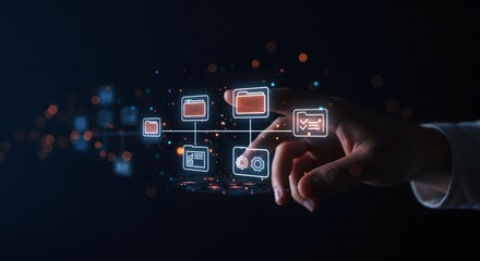 Digital Transformation: Hand Interacting with Futuristic UI Elements and Data Flow