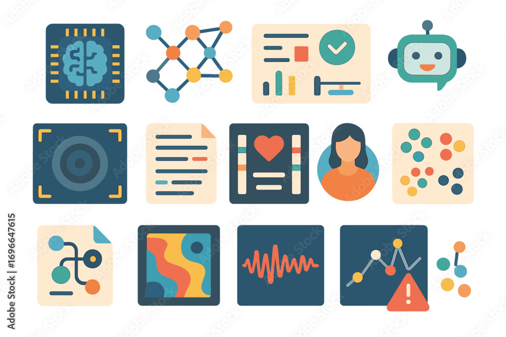 Poster artificial intelligence, neural network flat icon set. robot, chip, data, science flat icons. vector