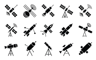 Obraz premium Vector art of collection of satellite and telescope icons set of space exploration and observation equipment in simple black silhouette style for graphic design