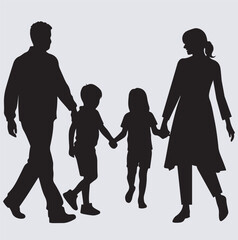 family walking side by side holding hand silhouette vector art illustration, family silhouette vector