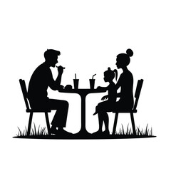 Family silhouette eating at outdoor cafe table with drinks Keywords: family, silhouette, eating