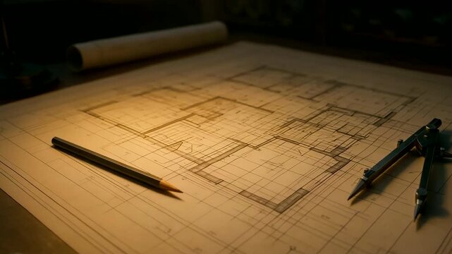 Architectural Blueprint with Pencil and Compass on Table for Building Design