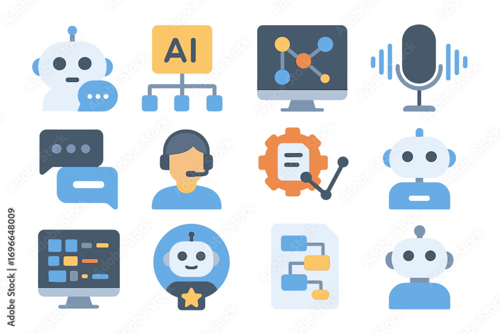 Poster artificial intelligence flat icon set. robots, chatbots, ai interface icons collection