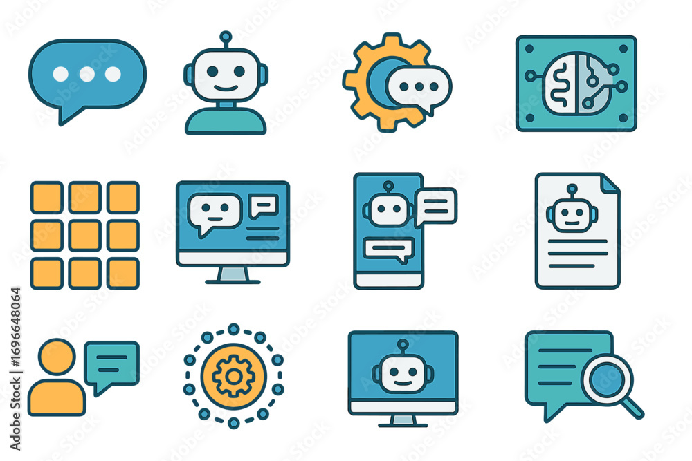 Poster artificial intelligence, chatbot flat icon set. messaging and communication icons collection
