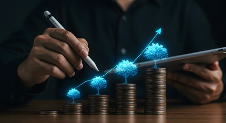 Financial Growth Concept: Stacks of Coins with Glowing Trees and Upward Arrow
