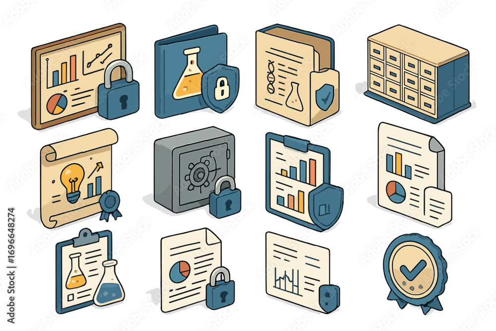 Poster data security outline icon set. documents, graphs, and lock icons collection