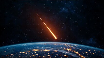 Luminous meteor burning brightly, streaking through dark night sky, revealing glowing trail against backdrop of dimly lit urban landscape and planetary surface - Powered by Adobe