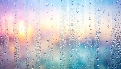 Dreamy abstract background of raindrops on a window glass during a beautiful colorful sunset
