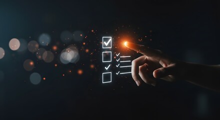 Hand completing a digital checklist with glowing checkmarks and bokeh lights