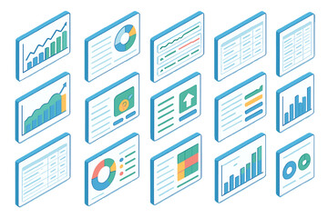 Data analytics 3d icon set. charts, graphs, and statistics visualizations collection