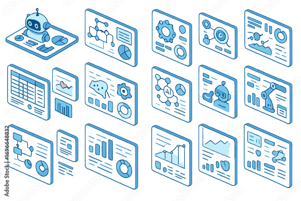 Poster ai and robotics 3d icon set: automation, machine learning, technology collection