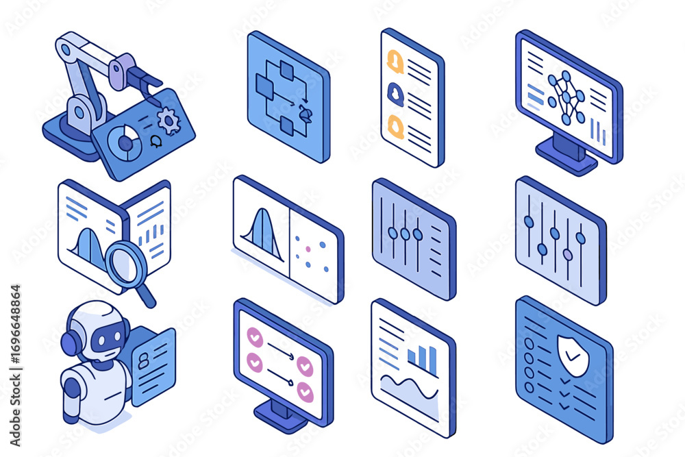 Poster data analytics flat icon set. machine learning, ai, visualization icons collection