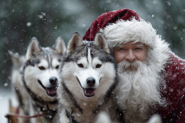 A man in a red Santa hat is posing with two dogs