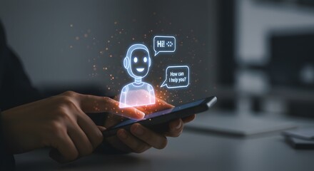 Hand using smartphone with glowing AI chatbot interface, asking 'How can I help you?'