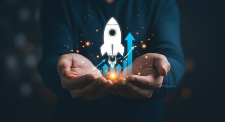 Hands holding a rocket launching upwards with a growth chart, symbolizing business startup and success