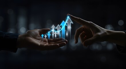 Hands reaching for glowing upward trending graph with arrows, business growth concept