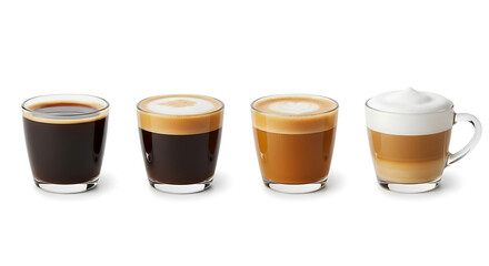 Four coffee drinks lined up on a white background, from espresso to latte macchiato