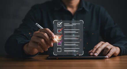 Man's hand using stylus to check items on a digital to-do list on a tablet, business concept