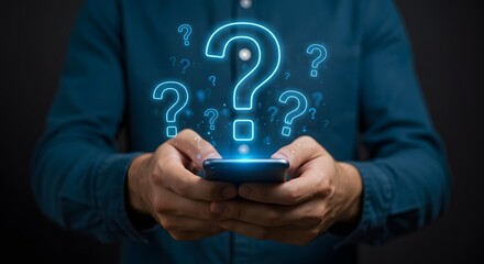 Person Using Smartphone with Glowing Question Marks, Concept of Inquiry and Digital Information