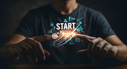Start Business Growth Concept: Hand Gesturing Towards Digital Startup Icons and Upward Arrow