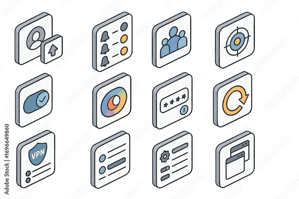 Poster web interface 3d icon set. user, app, settings, network, security interface graphics